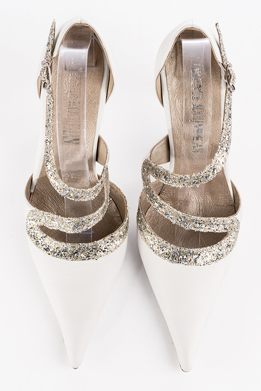 Off white and gold women's open side shoes, with snake-shaped straps. Pointed toe. High slim heel. Top view - Florence KOOIJMAN